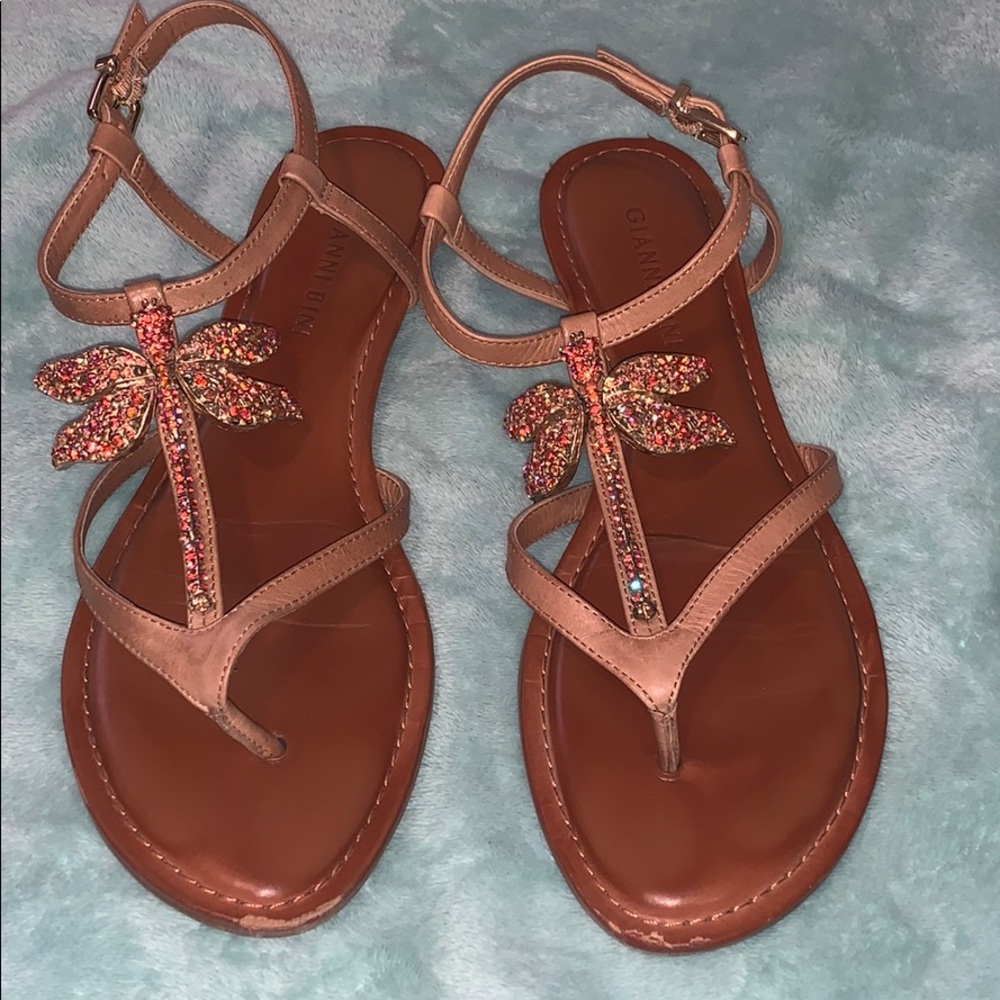 Tan Sandals with Rhinestone Dragonfly